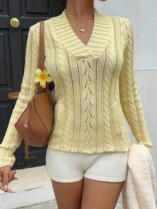 SHEIN Unity Casual Versatile Solid Color Hollow Out Knit Slim Fit Sweater Fall Winter Cloth For Women - Yellow - View 4