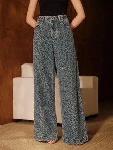 Anewsta 女士时尚豹纹水钻装饰宽松阔腿牛仔裤 - 藍色 - 查看 4