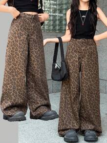 SHEIN Tween Girls Vintage 90s Leopard Print Loose Pocket Casual High Waisted Jeans Versatile Denim Wide Leg Jeans Y2k,Teacher Outfits For Girl,Back To School Outfits Girls,Church Dress,Business Casual Outfits Girl,Cargo Denim Jeans Dress,Girls Fall Winter Baggy Pants,High-Waisted Long Wide Leg Denim Jeans With All Over Leopard Print For Teens,Teen Girls Brown Leopard Print Wide Leg Denim Jeans For Streetwear Style, Leopard Print Pants, Wide Leg Pants, Animal Print Pants, Leopard Pants, Loose Pants - Brown - View 5
