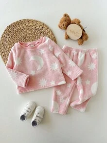 SHEIN Cute Cartoon Pattern Pink Long Sleeve Pajama Set For Babygirl, Autumn/Winter Fall - Pink - View 6