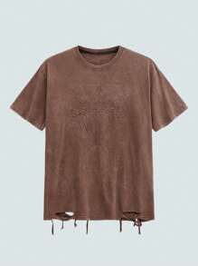 MODCRASH Men's Vintage Snow Flake Washed Ripped Short Sleeve T-Shirt, Suitable For Spring & Summer Spring To Summer , Retro American, Unisex, Relaxed Fit Summer Outfits – Suitable For Everyday Wear And Summer Holiday Outfits. - Coffee Brown - View 1
