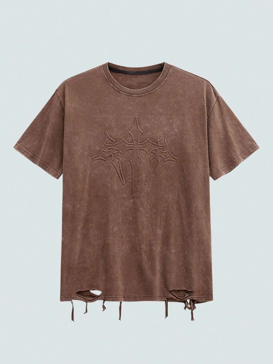 MODCRASH Men's Vintage Snow Flake Washed Ripped Short Sleeve T-Shirt, Suitable For Spring & Summer Spring To Summer , Retro American, Unisex, Relaxed Fit Summer Outfits – Suitable For Everyday Wear And Summer Holiday Outfits. - Coffee Brown - View 1