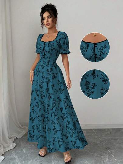Elenzga Women's Vintage Elegant Floral Print Square Neck A-Line Maxi Dress, Suitable For Casual, Vacation, Daily Gathering, Spring/Summer