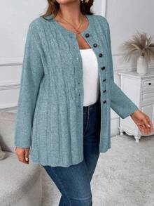 Plus Size Women Cable Pattern Long Sleeve Single-Breasted Casual Knit Cardigan, Autumn Winter Fall - Teal Blue - View 5