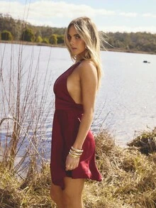 Aralina Women's Autumn/Winter Boho Halterneck Mini Dress Perfect For Going Out Outfit And Halloween Outfit And Homecoming Outfit - Red - View 6
