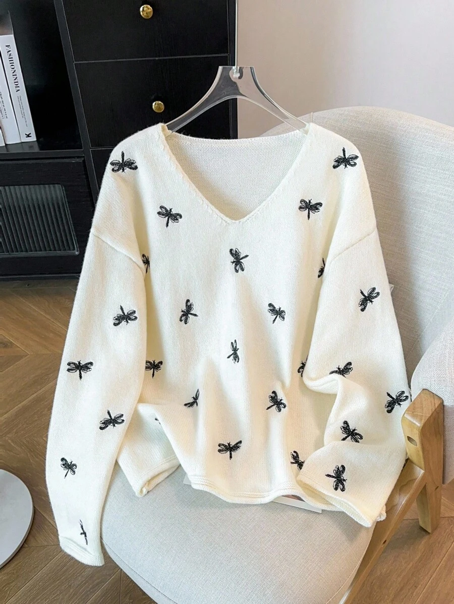 GlowEve CURVE Suéter casual con cuello en V y estampado de libélula para mujer de talla grande - Multicolor - Ver 1