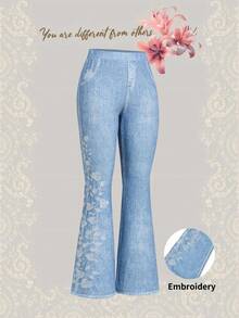 Ellevyn Women's Faux Denim Print Knit Elastic Waist Metallic Zipper Embroidered High Waist Elegant Casual Pants, Spring/Summer - Blue - View 10