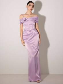 Poshira 女士不对称领口荷叶边优雅鸡尾酒会礼服，带有 3D 花卉装饰 - 紫色 - 查看 6
