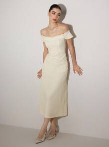 Poshira Váy dài vừa phải, hở một bên vai thanh lịch thời trang dành cho nữ - Màu be - Xem 1