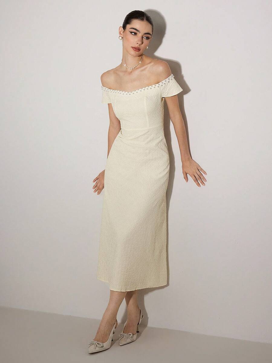 Poshira Váy dài vừa phải, hở một bên vai thanh lịch thời trang dành cho nữ - Màu be - Xem 1