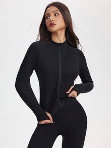 SHEIN Sports Chaqueta con cremallera sin costuras para mujer: Diseño negro de moda con mangas raglán, cuello alto y ajuste ceñido, adecuada para entrenamientos en el gimnasio, correr al aire libre y capas casuales diarias - Negro - Ver 4