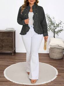 SHEIN Plus Size Women's Solid Color Washed Denim Jacket, Autumn/Winter - Grey - View 3