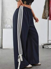SHEIN EZwear 秋冬大码撞色条纹侧缝休闲裤 - 藏蓝色 - 查看 5