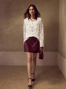 MOTF PREMIUM WOMEN'S CASUAL DAILY SHIRT WITH PERFORATED, EMBROIDERED CASHEW FLOWER, AND EMBOSSED LEATHER PATCHWORK - Red and White - View 6