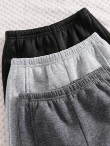 SHEIN 3 件套男婴休闲纯色松紧腰针织裤，男女通用婴儿慢跑裤，百搭长裤，婴儿冬装