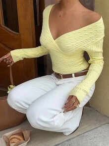 SHEIN Unity Suéter ajustado y corto de punto retorcido de unicolor y sexy - Amarillo - Ver 7
