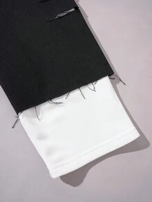 ROMWE MEN Street Life 男士拼接二合一袖运动衫，宽松短款，秋季 - 黑色 - 查看 2