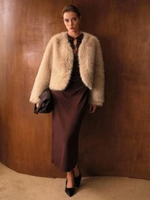 MOTF PREMIUM 女士仿皮草衬里保暖大衣，秋冬 - 駝色 - 查看 6