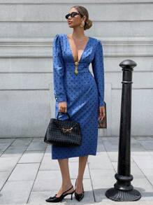Chiquease Women's Polka Dot Print Deep V-Neck Long Sleeve Dress Fall Cloth For Women - Blue - View 4