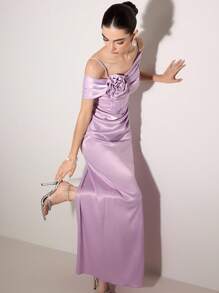 Poshira 女士不对称领口荷叶边优雅鸡尾酒会礼服，带有 3D 花卉装饰 - 紫色 - 查看 1