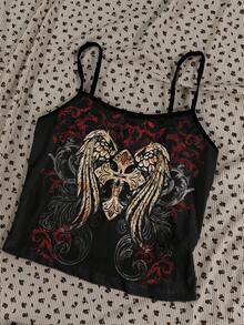 Attitoon Plus Size Cross & Wing Print Camisole, Suitable For Summer - Multicolor - View 5