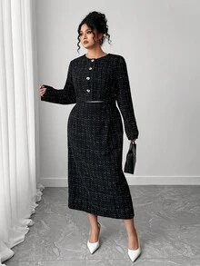 Elenzga Plus Size 2 Pieces Set: Elegant Long Sleeve Jacket And Slit Skirt Fall Cloth For Women Fall Winter - Black - View 6