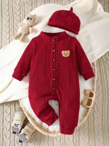 SHEIN 1 件男婴纯色连体裤，柔软毛绒，可爱休闲风格，适合秋冬季户外玩耍、度假和日常穿着 - 紅色 - 查看 5