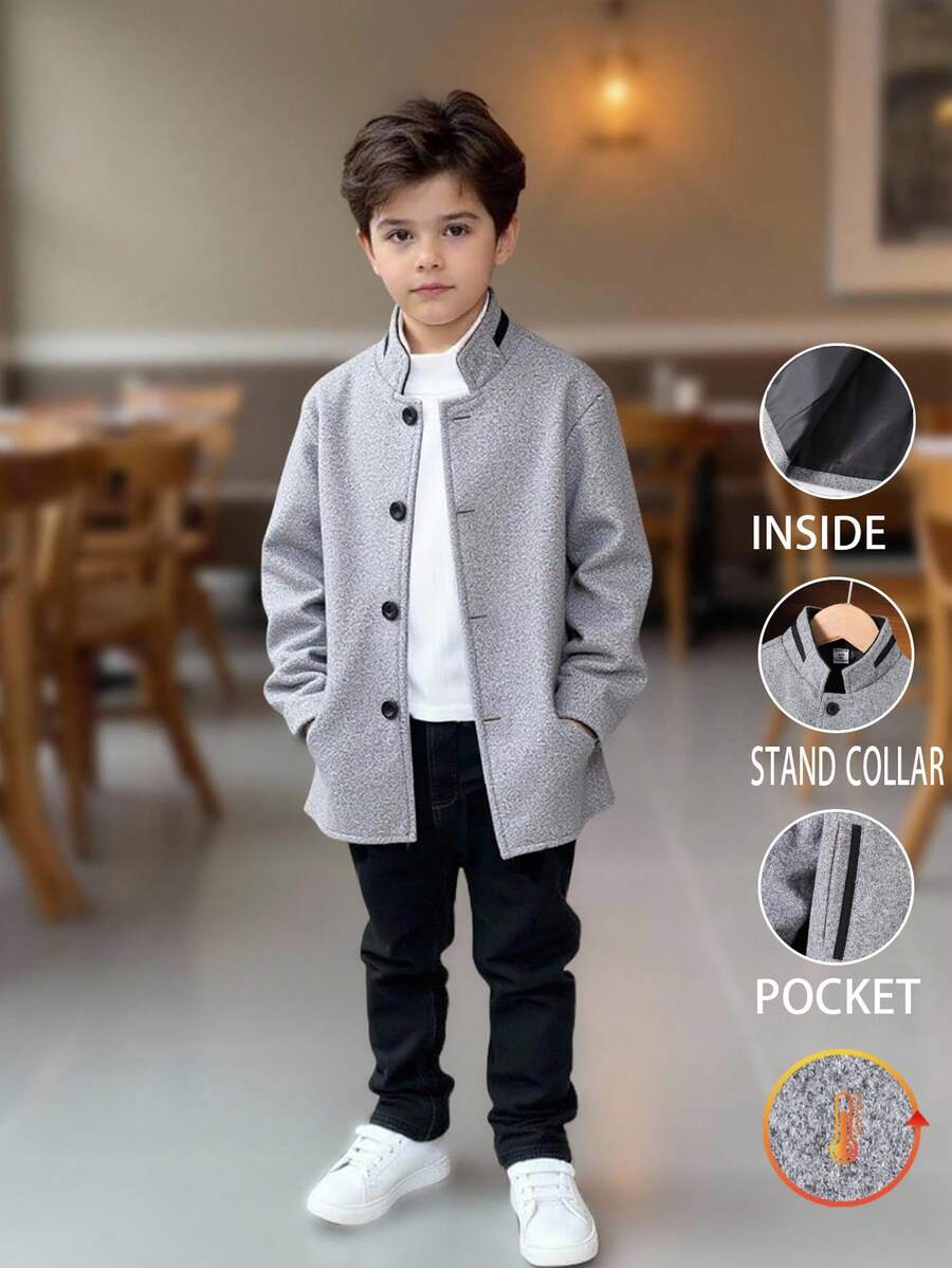 SHEIN Young Boy Button Front Overcoat Without Tee Fall Winter