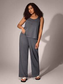Miss Vinta Plus Size Summer Casual Sleeveless Top And Pants Pajama Set Lounge Set, Outfits - Dark Grey - View 3