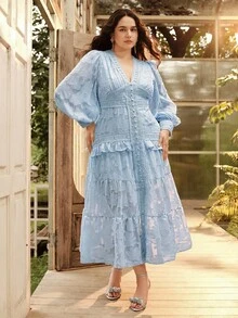 Anewsta Elegante vestido ajustado de encaje a ganchillo con cuello en V, manga larga, bajo con volantes, de talla grande para mujer, ideal para festival, salir, vacaciones