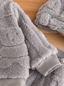 SHEIN Vintaside Kids 3 件套男婴和女婴中性款白色毛绒熊图案提花羊毛圆领运动衫、羊毛运动裤和毛绒耳帽 3 件套，秋冬季宝宝可爱舒适的服装