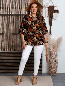 Mellowie Camisa casual de talla grande para mujer con estampado de hojas de arce vintage, adecuada para el verano