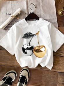 EMERY ROSE Plus Size White Graphic Short Sleeve T-Shirt, Streetwear Style, Cute Summer Top - White - View 4