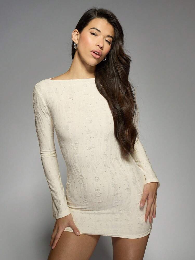 MISSGUIDED Elegant Textured Long Sleeve Mini Dress Party Evening Winter Bodycon Wedding Guest Holiday Flared Bell Sleeves Semi Formal Occasions Slip Dress