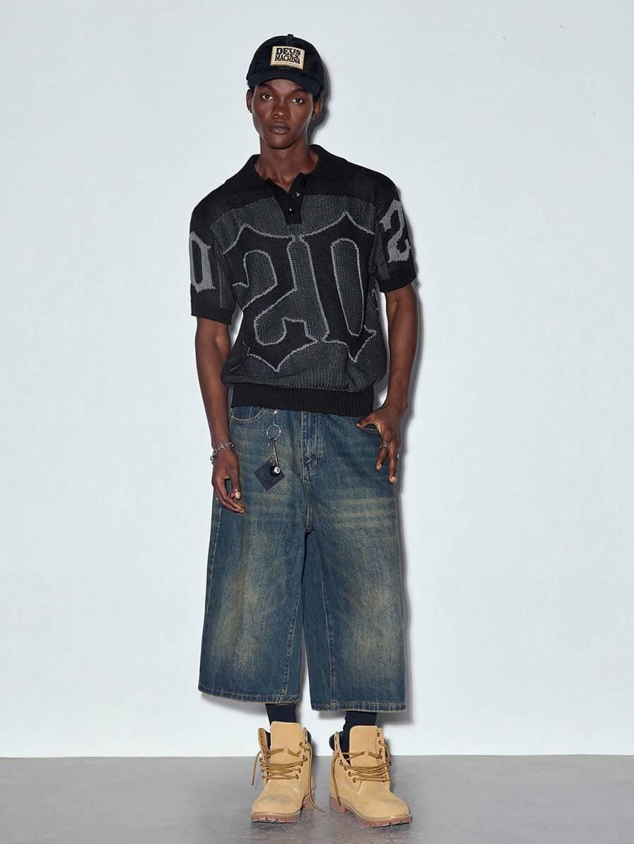 MODCRASH 春夏新款男士学院风数码提花针织衫，Polo领，短袖，破洞镂空设计，套头针织衫，男女皆宜，春夏款 - 黑色 - 查看 1