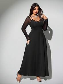 Viva Relle Plus Size Women Lace Contrast Mesh Raglan Sleeve Sexy Dress Fall Cloth For Women - Black - View 5
