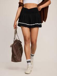 Hanevo Váy mini thể thao xếp ly eo không đối xứng cho nữ màu tương phản Váy tennis Váy thể thao - màu đen - Xem 5