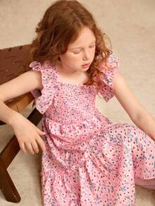 Robe casual élégante pour fille pré-adolescente, manches courtes style trapèze, col carré, robe fleurie à nœud, convient pour les sorties de printemps, été, automne, école - Rose bonbon - Voir 4