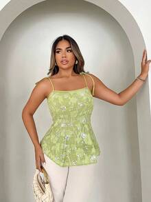 Xyvia 女士夏季提花亮片设计优雅吊带背心 - 綠色 - 查看 3