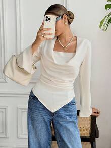 SHEIN Frenchy Women's Elegant Commuter Off-White Solid Color Lapel Blouse,Autumn Fall Chic Business Casual Tops,Tea Party Teacher Back To School Winter - Apricot - View 6