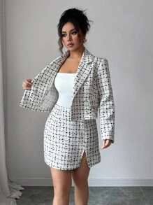 Elenzga Elegante conjunto de 2 piezas de chaqueta con cuello de tweed francés y falda con abertura para mujer - Blanco - Ver 6