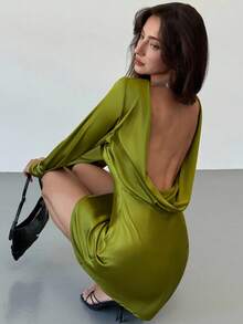 Aloruh 女士时尚性感露背迷你连衣裙 - 橄欖綠 - 查看 8