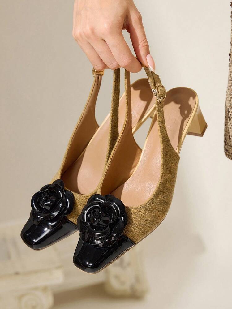 CUCCOO CHICEST Women's Retro Elegant Floral Patchwork Square Toe Block Heel Pumps, Suitable For Formal, Party, Work, Date, Autumn/Winter