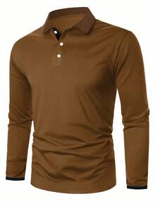 Manfinity Homme Men's Casual Solid Color Long Sleeve Polo Shirt, Suitable For Daily Commute, Spring/Autumn Brown , Fall