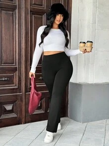 SHEIN Essnce 大码高腰喇叭腿运动裤，带侧袋，瑜伽裤，冬季女式慢跑裤，冬季女式运动服 - 黑色 - 查看 5