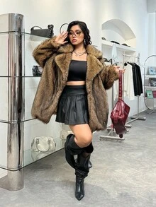 GalTyme 大码女式复古仿皮草大衣，秋冬时尚 - 棕色 - 查看 4