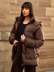 CLARA VERO 女士纯色休闲优质连帽超大冬季外套 - 棕色 - 查看 4