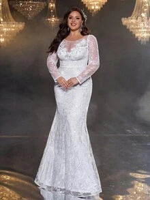 Glamrae 加大码优雅浪漫奢华白色串珠刺绣缎面美人鱼下摆可拆卸尾部覆盖适合晚会、庆典、蜜月、婚礼、新娘 - 白色 - 查看 8