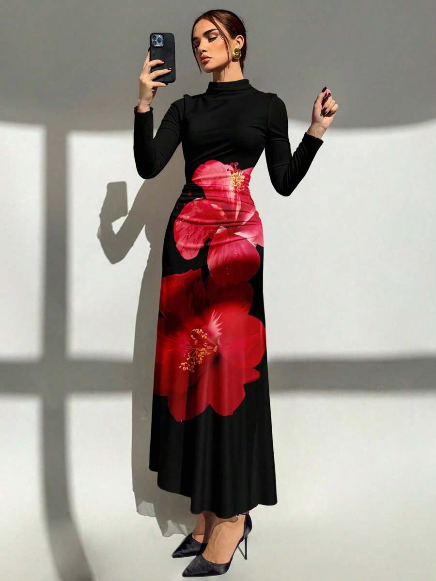 Aloruh 新款秋冬红色花卉印花派对长袖修身连衣裙，适合秋冬季正式活动、宴会、优雅约会 - 紅色和黑色 - 查看 1
