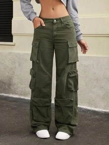 Jeanoix Solid Color Pocket Casual Versatile Wide Leg Jeans - Army Green - View 4